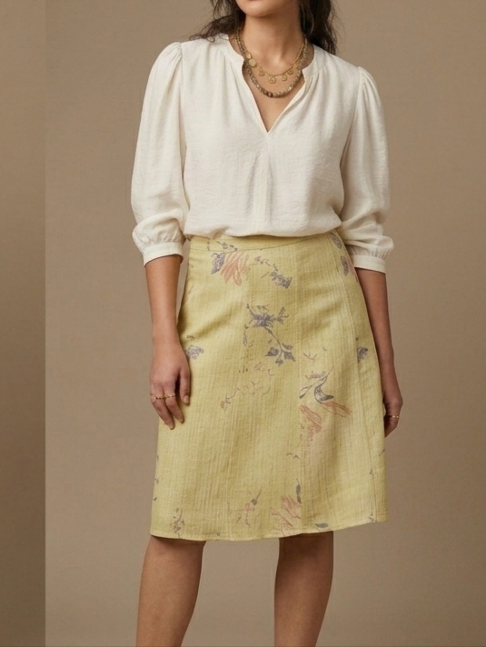 Tristan & Iseut Yellow Green Floral A-Line Midi Skirt Size S